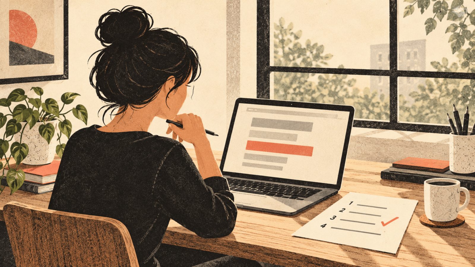 Small business owner reviewing a simple website page outline at a desk